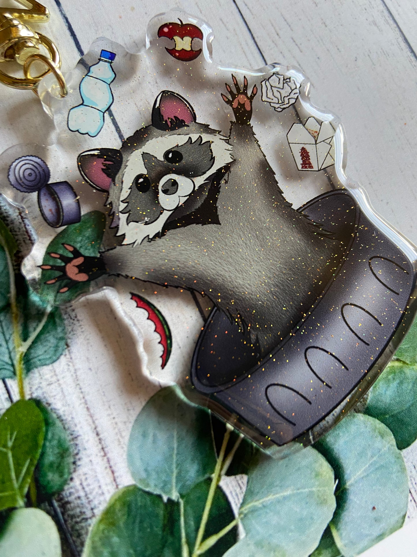 Raccoon glitter acrylic keychain